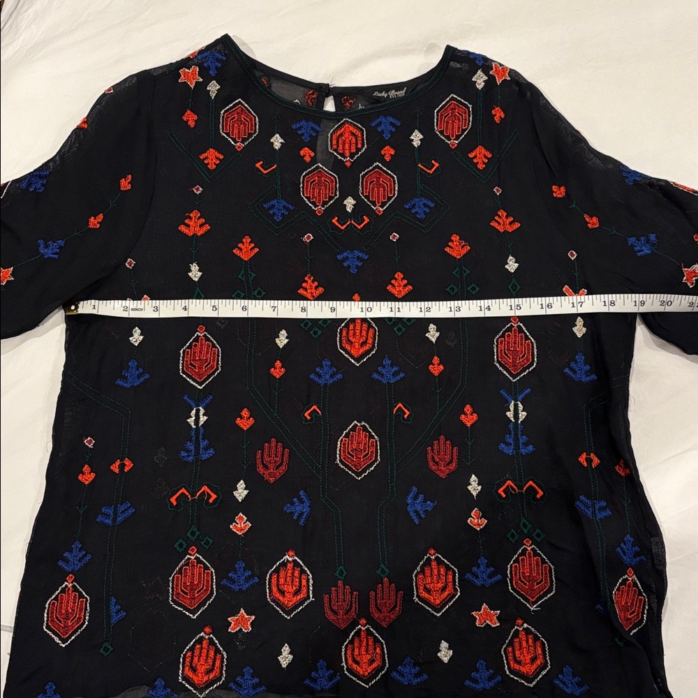 Lucky Brand Black Sheer Blouse with Red and Blue Embroidery - Picture 5 of 7